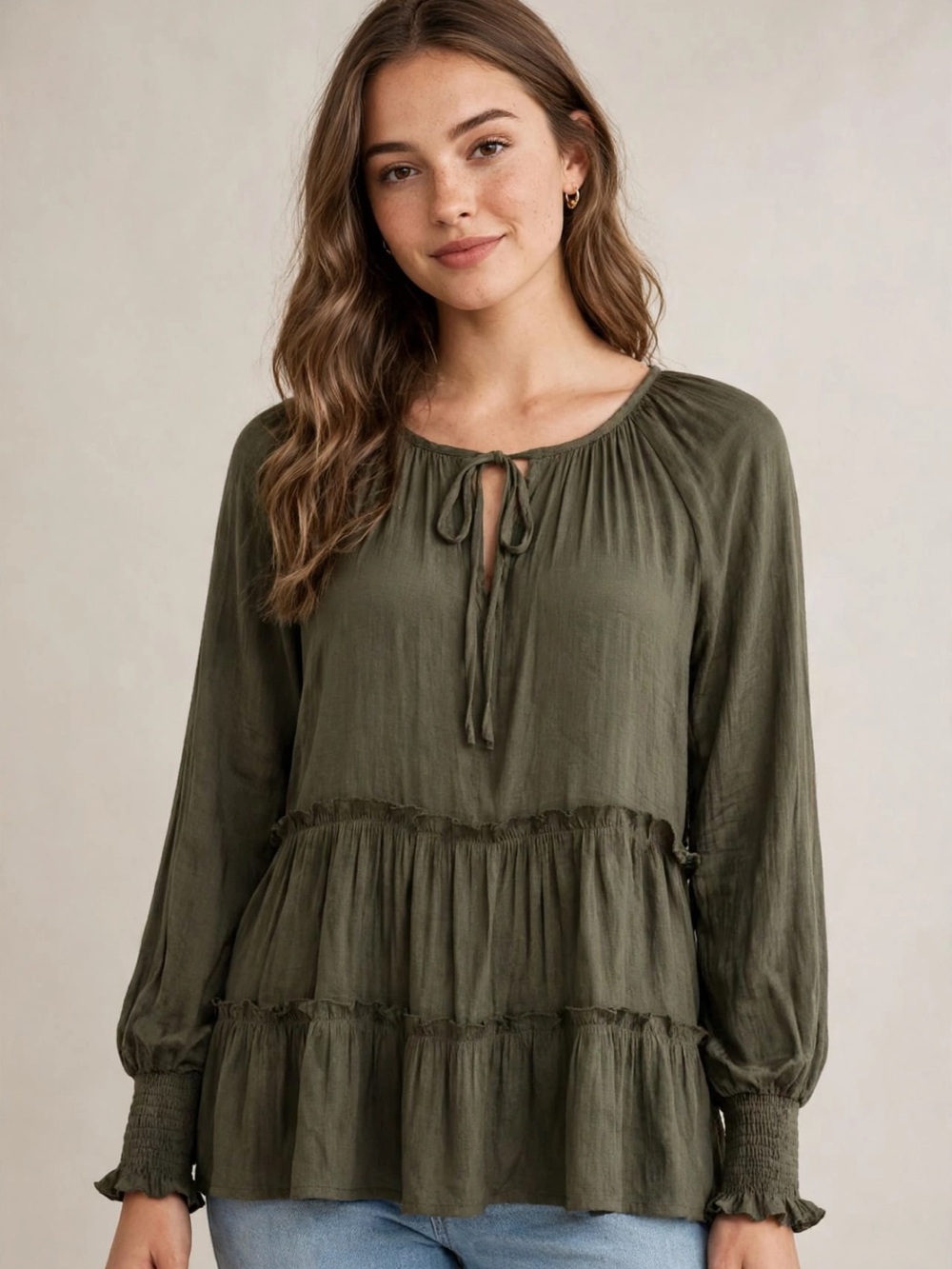 glam Olive Ruffled Peasant Top